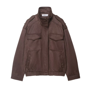Brown vintage style faux suede work jacket with dual chest pockets and a stand collar