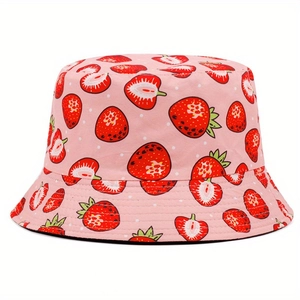 Pink women's sun hat with strawberry print, ideal for UV protection and outdoor summer activities