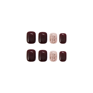 Short square press-on nails in deep wine red and nude pink checkered shell texture