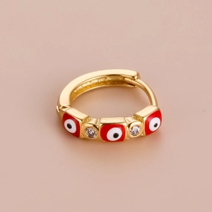 Bohemian gold evil eye hoop earring with red squares and sparkling zircon stones