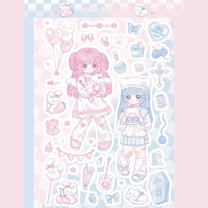 Pink and blue anime girl decorative stickers for journal with cute Yami Kawaii theme