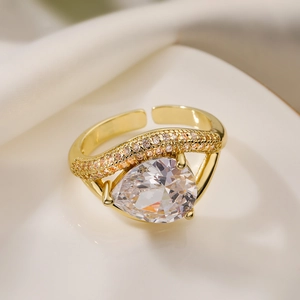 18K gold plated adjustable open ring with pear cut zircon and pavé crystal accents