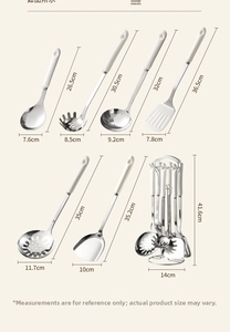 Detailed size specifications for stainless steel kitchen utensils set with storage rack
