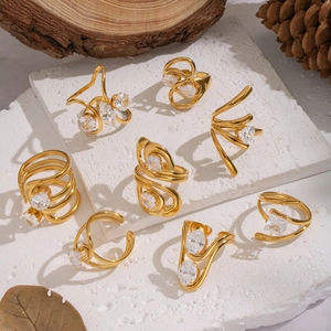 18K gold plated stainless steel open rings with zircon stones set on stone platform