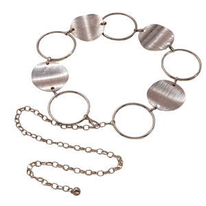 Adjustable light gold chain belt with alternating brushed metal discs and open rings