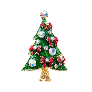 Christmas tree brooch pin in green enamel with colorful crystals and golden base