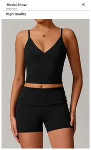 Slim fit V-neck yoga tank top and high waist shorts set in premium black sport fabric