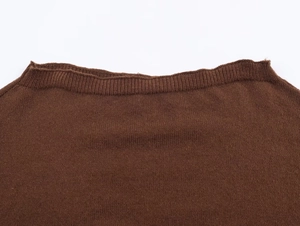 Close-up detail of the ribbed neckline on a dark brown long sleeve knitted sweater