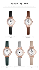 Detailed view of women's quartz watches with five colorful leather straps and gold cases