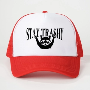 Retro Stay Trashy raccoon print trucker hat in red and white mesh block style