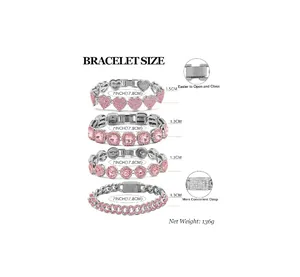 Size chart showing dimensions for pink rhinestone heart and Cuban link bracelets set