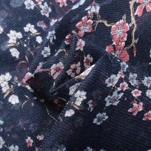Navy blue cotton linen feel scarf with pink floral pattern in soft twill texture weave