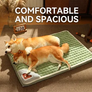 Green checkered padded pet bed with soft white fleece trim and heart-shaped patch detail