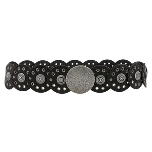 Vintage style black leather disc belt with metal eyelets and textured silver buckle