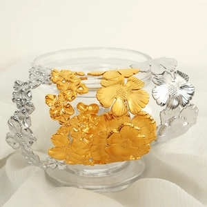 Elegant camellia titanium steel open bangle in gold and silver finish with floral texture