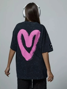 Oversized T-Shirt Cotton Blend Acid Wash Heart Print Distressed Hole Drop Shoulder Streetwear For Women
