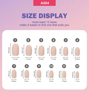 Size chart for glossy solid color press-on nails with twelve sizes and dimensions