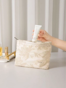 Trousse à maquillage française en lin avec broderie florale pour rangement voyage