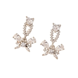 Silver heart and butterfly pendant earrings with sparkling zircons on white background