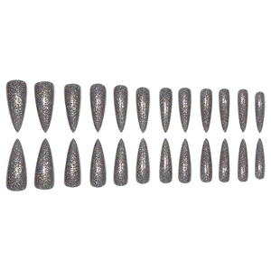 Macro detail of 24pcs long stiletto press-on nails with grey holographic glitter finish
