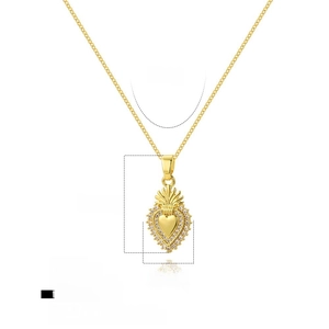 Detail showing dimensions of golden heart pendant necklace with cubic zirconia inlay