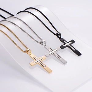Three-color minimalist cross pendant necklaces in gold, silver and black stainless steel