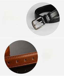 Detail of genuine cowhide leather belt with polished electroplated pin buckle finish
