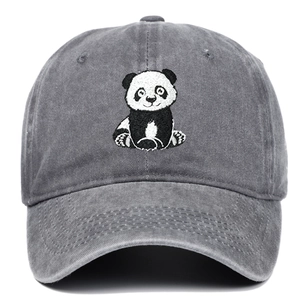 Dark grey washed cotton baseball cap featuring high-quality panda embroidery for outdoor wear