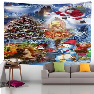 Detailed Christmas tapestry featuring Santa and snowmen hanging above a modern sofa