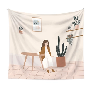 Detail of bohemian tapestry featuring a woman drinking coffee with potted plants