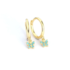 S925 silver hoop earrings with golden finish and turquoise butterfly pendants for women