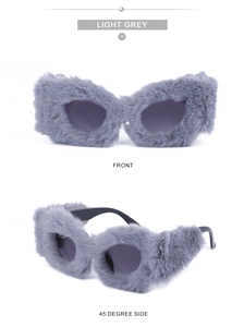 Detailed front and side views of fashionable light grey faux fur cat-eye sunglasses