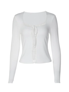 Slim fit white long sleeve shirt with lace trim and U-neck detail on white background