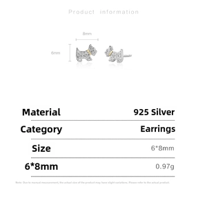 Macro view of S925 sterling silver puppy studs with crystal pavé and 6x8mm size specs