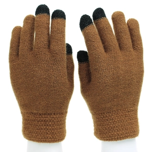 Close-up of brown knit touchscreen gloves with conductive black fingertips and ribbed cuffs