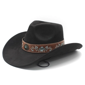 Cappello da cowboy in pelle scamosciata nera con fascia ricamata e borchie