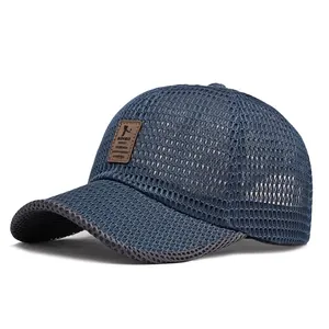 Navy blue breathable full mesh baseball cap with brown leather patch for sun protection