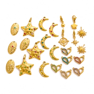 18k gold plated stainless steel star and moon charms with colorful rhinestones