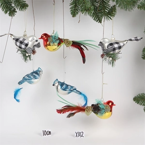 Set of 6 colorful Christmas glass bird ornaments with sequins and long feathers