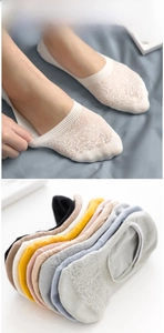 Close-up of low-cut lace invisible socks with non-slip silicone grip and floral mesh detail
