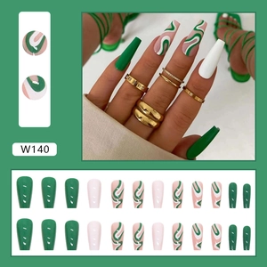 Green and white marble swirl ballerina press-on nails with long coffin shape style