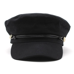 Classic black cotton baker boy hat with decorative cord and gold metallic buttons