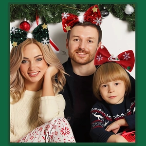 Close-up of kids wearing sequined Christmas bow headbands with star and snowflake details