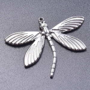 Macro shot of stainless steel dragonfly pendant with detailed wings and silver finish