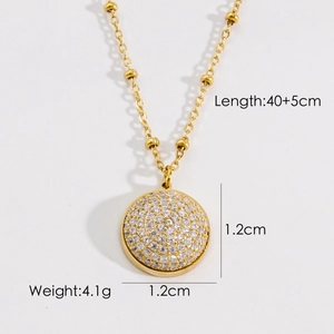 Detail view of 14K gold plated bead chain with round pave zircon pendant 1.2cm size