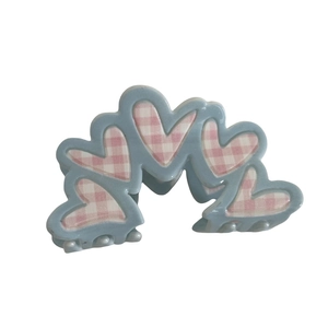 Floral plaid heart claw clip hair accessory in pastel blue and pink gingham pattern