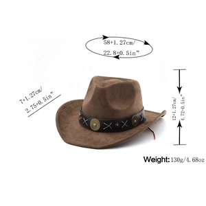 Guide des tailles du chapeau de cowboy en daim marron indiquant bord, calotte et tour