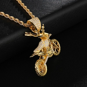 Golden hip hop motorcycle pendant necklace with clear cubic zirconia pavé setting