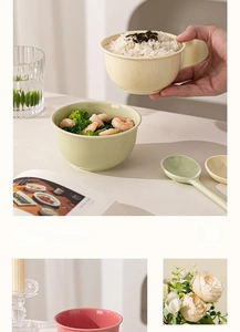 Detail of macaron ceramic bowls with rolled edges for rice and seafood in warm lighting