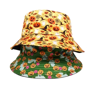 Halloween bucket hat with pumpkin and ghost prints in yellow and green finishes